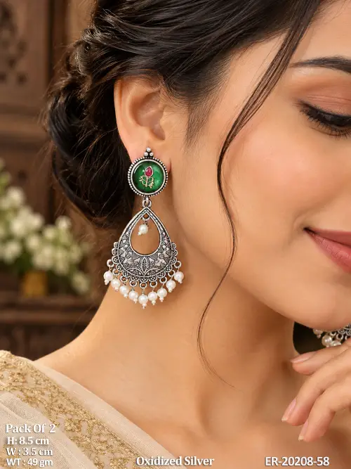 Elegant Floral Oxidized Pearl Earrings