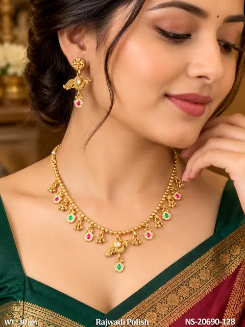 Stone-Studded Peacock Necklace Set with Earrings in Rajwadi Finish