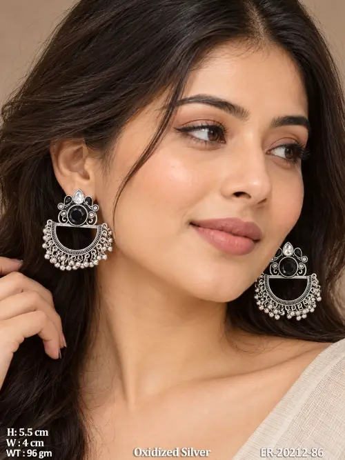 Oxidised Finish Stone-Studded Chandbali Earrings for Women