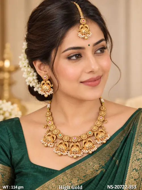 Classic Stone-Studded Temple Necklace Set for Women
