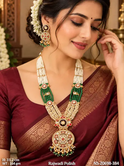 Antique Necklace Set with Pearls in Rajwadi Finish