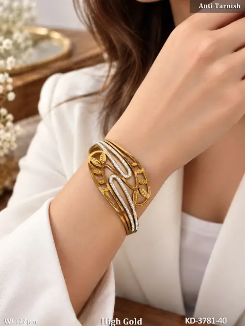 Fancy Designer AD Leaf Kada with High Gold Polish — video