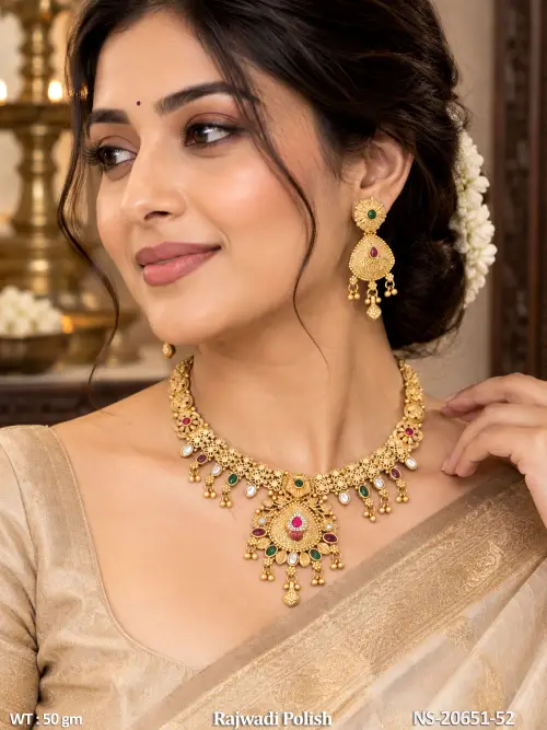 Short Antique Necklace Set with Stone Work in Rajwadi Finish — video