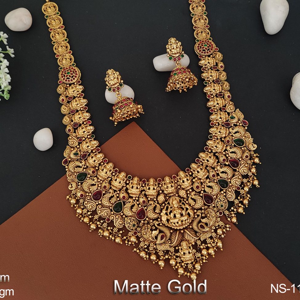 Beautiful Design Fancy Style Temple Jewelry Matte Gold Polish Designer Wear Long  Necklace Set at Rs 2428/piece, Temple Necklace in Mumbai